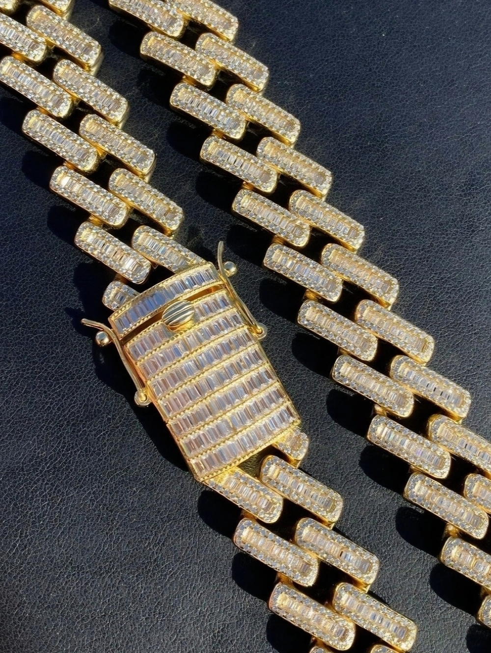Baguette Prong Miami Cuban Link Chain Necklace Iced Out CZ Stones - 14k Gold Ver - Picture 7 of 12